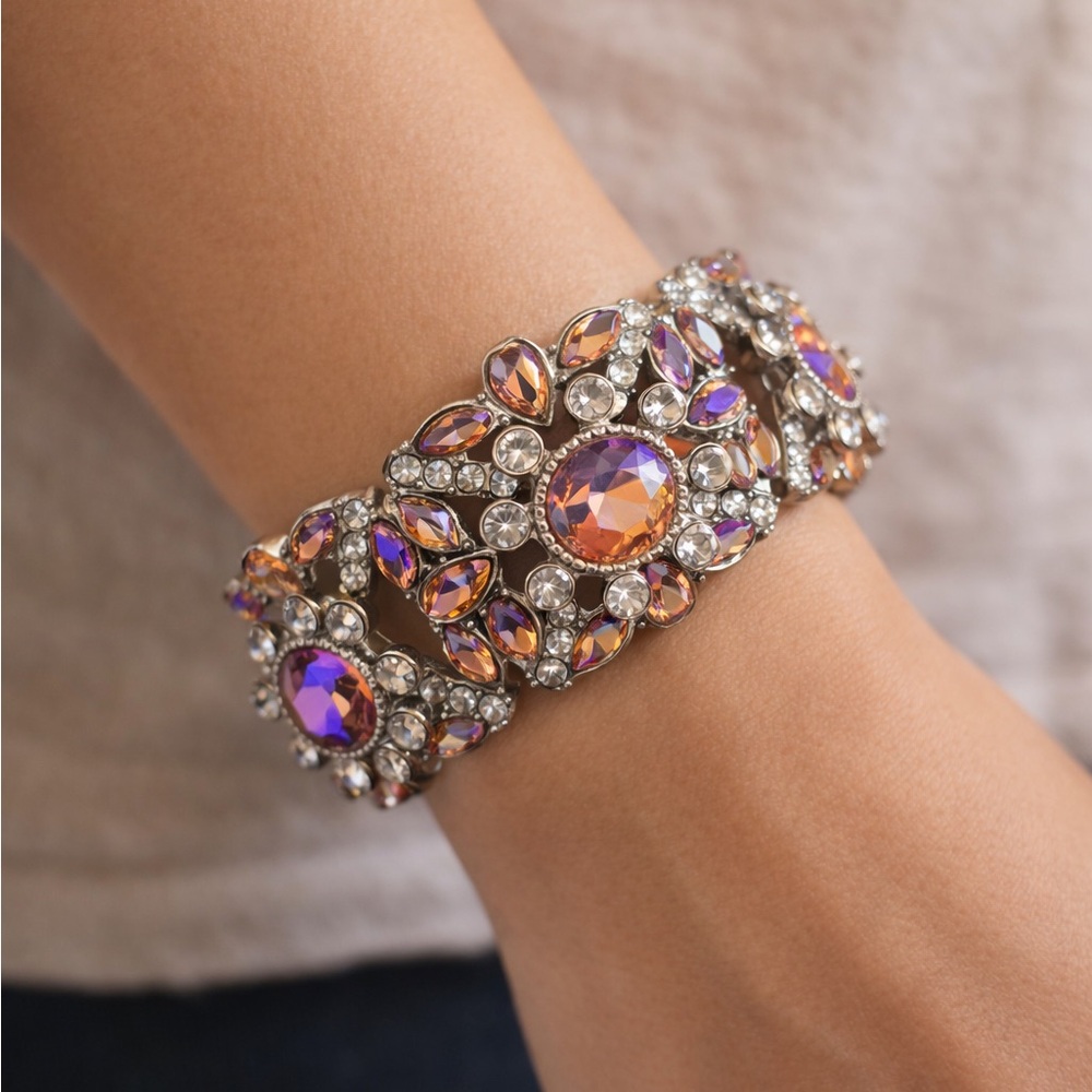 Paparazzi Iridescent Orange Floral Rhinestone Bracelet